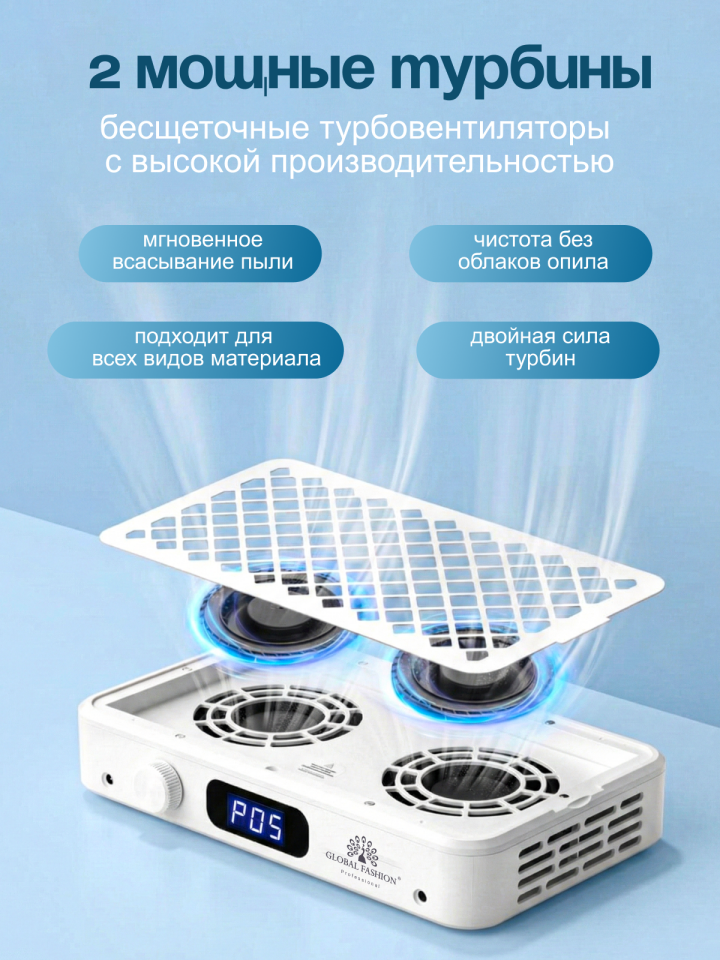 Global Fashion GFD-2000 Turbo Manikür Toz Toplayıcı – 2 Türbinli 180W HEPA Filtreli