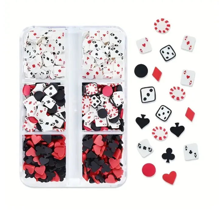 Poker Temalı Tırnak Süsleme Seti – 6 Bölmeli Nail Art Charm Seti