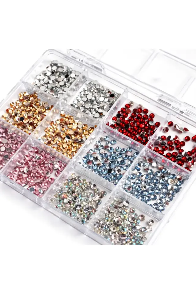 12'li Renkli Straz Tırnak Taşı Seti | Kristal Nail Art Süsleme Taşları