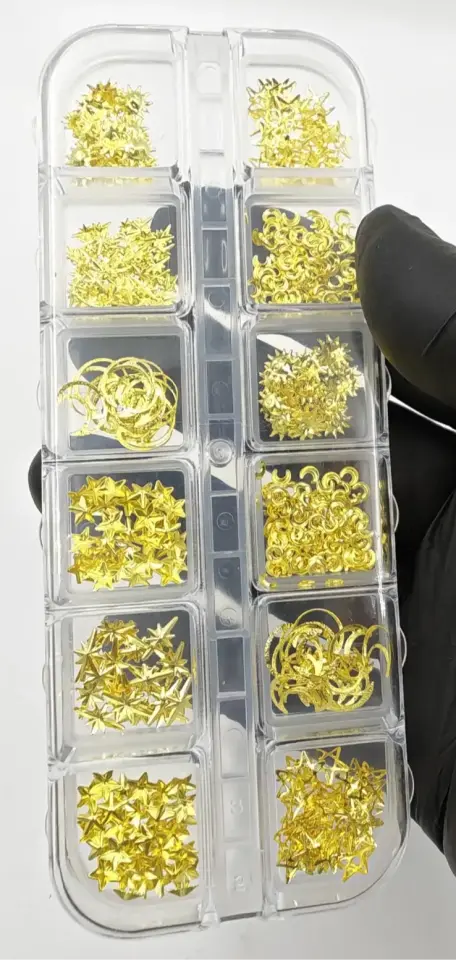12 Çeşit Metalik Gold Ay, Yıldız ve Güneş Nail Art Tırnak Süsleme Charm Seti